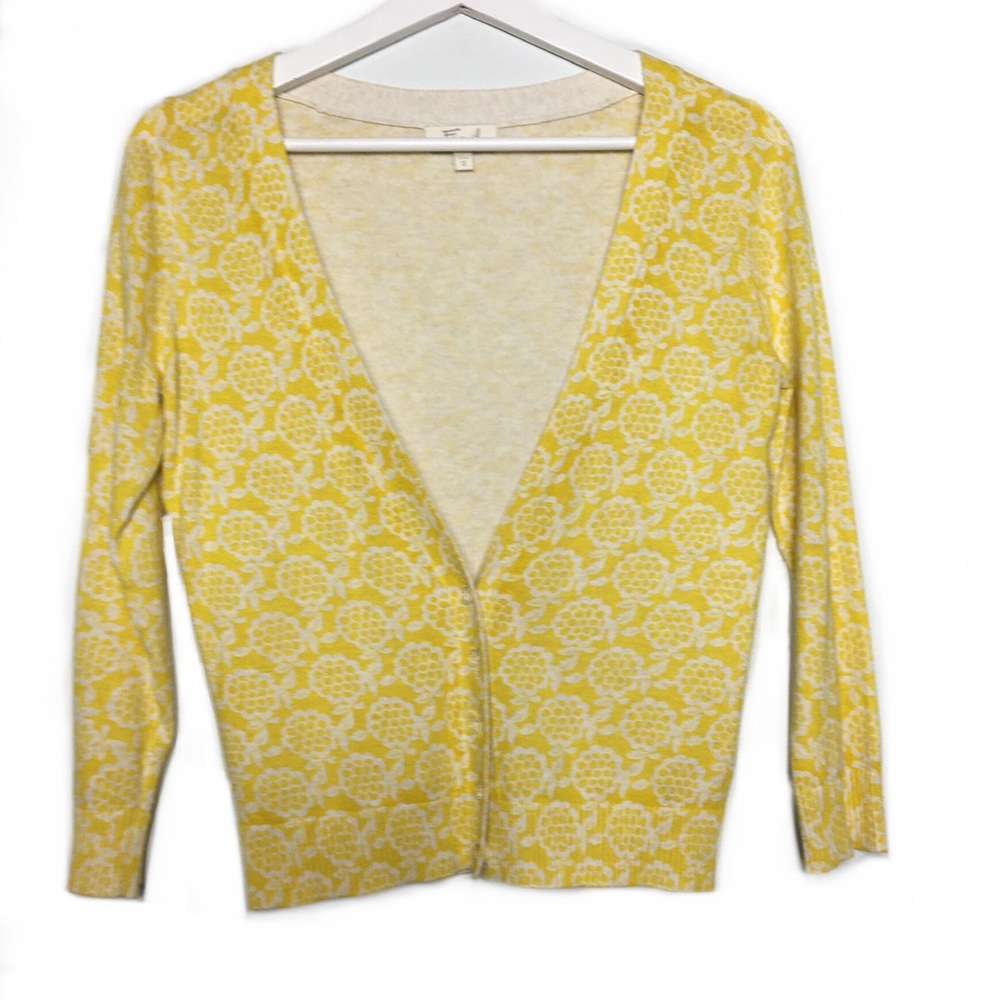 Fossil Yellow/Ivory Floral Knit V-neck Casual Career Buttoned Cardigan S